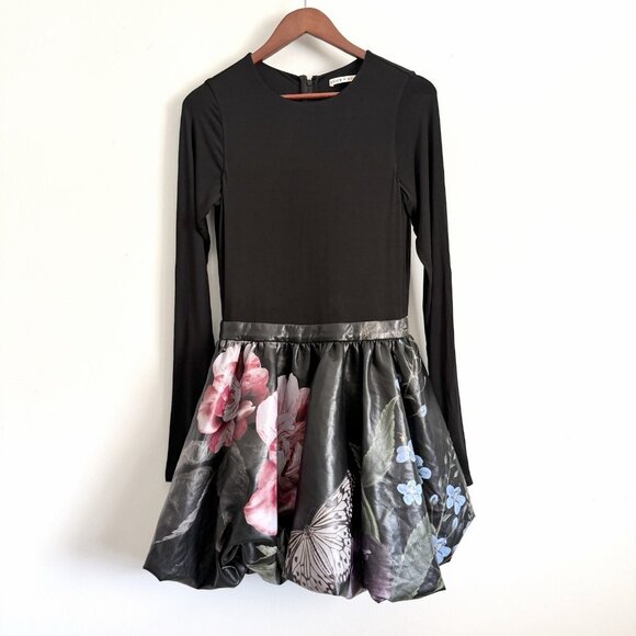 Alice + Olivia Black Chara Floral Bubble Mini Dress Long Sleeve Women’s Size 6 - Picture 2 of 8